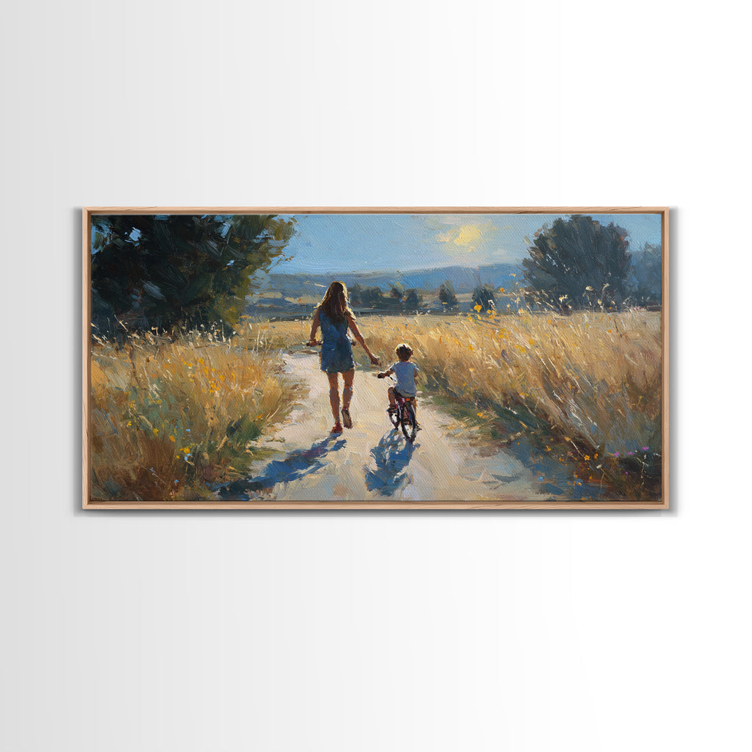 Mother Walking Child With Bicycle Through Golden Fields Canvas Print, Country Landscape Wall Art, Family Living Room Decor