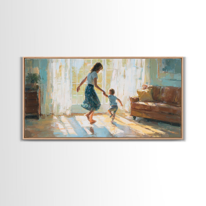 Mother And Toddler Dancing In Sunlit Living Room Canvas Print, Warm Family Wall Art, Cozy Home Decor, Gift For Her, Bedroom Decor