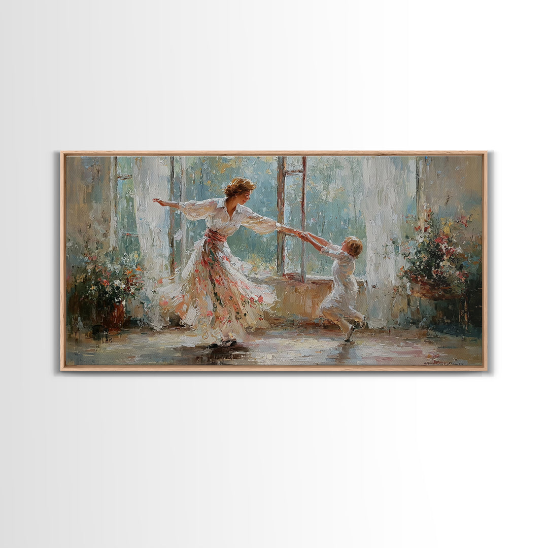Sunlit Mother And Child Dance Canvas Print, Impressionist Family Wall Art, Nursery Decor, Gift For Mom, Living Room Decor