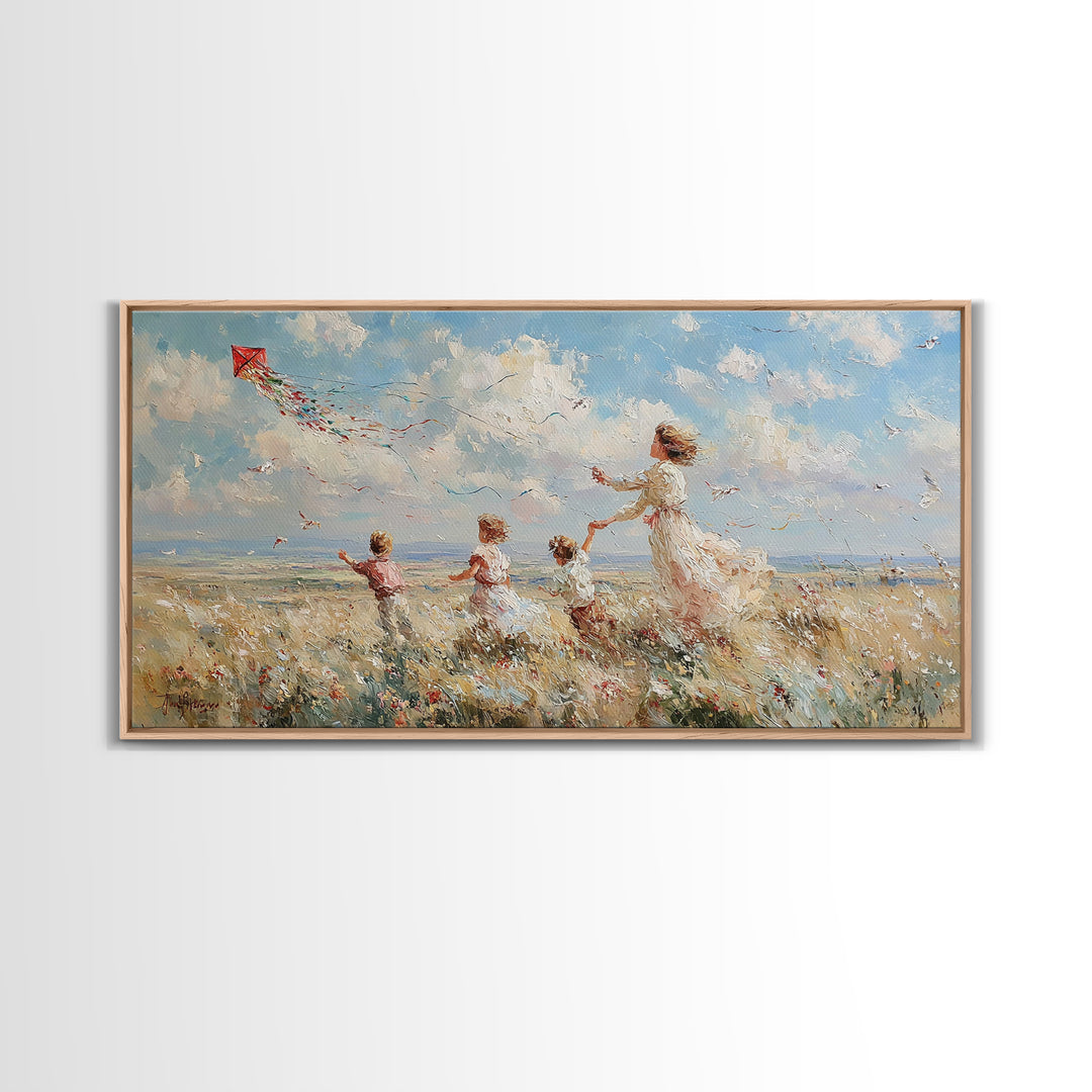 Mother And Children Flying Kite Canvas Print, Coastal Meadow Wall Art, Impressionist Family Decor, Beach House Gift For Mom