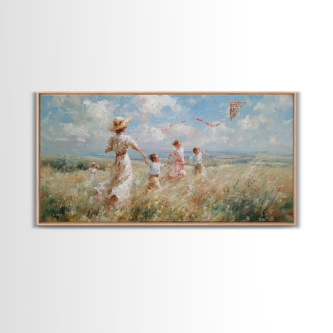 Woman And Children Run With Kite Canvas Print, Windy Meadow Wall Art, Coastal Landscape Art, Nursery Decor, Gift For Mom