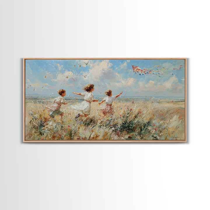 Children Running Through Meadow Canvas Print, Kite Flying Wall Art, Impressionist Landscape, Playroom Decor, Gift For Her