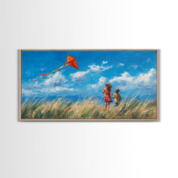 Two Children Flying Red Kite Canvas Print, Bright Blue Sky Wall Art, Summer Meadow Decor, Kids Room Art, Gift For Mom, Home Decor