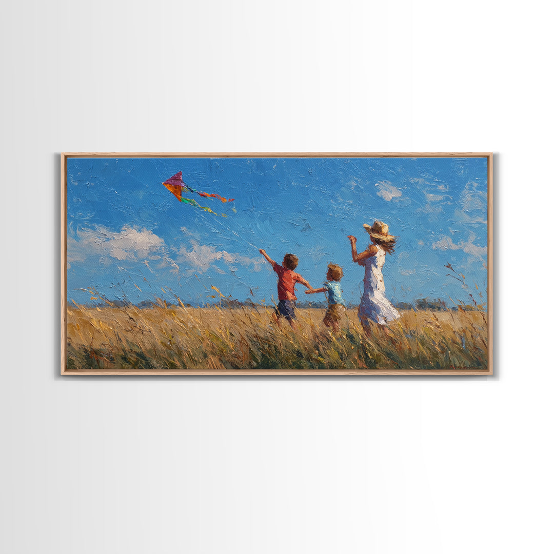 Mother And Sons Flying Kite Canvas Print, Sunny Grassland Wall Art, Family Home Decor, Nursery Art, Housewarming Gift For Mom
