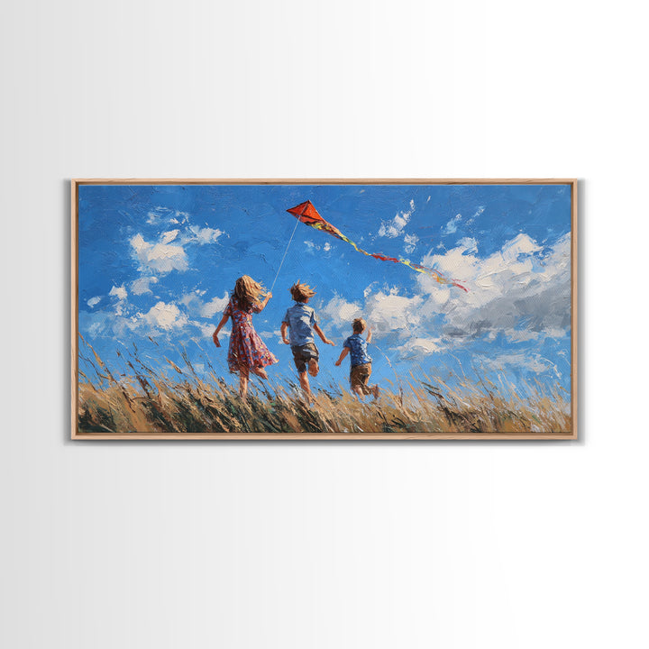 Three Children Chase Red Kite Canvas Print, Breezy Summer Field Wall Art, Kids Room Decor, Coastal Landscape Gift For Her