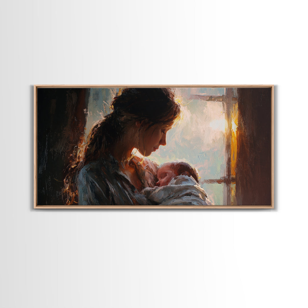 Mother Nursing Baby By Window Canvas Print, Warm Newborn Wall Art, Moody Nursery Decor, Gift For Her, Bedroom Wall Decor