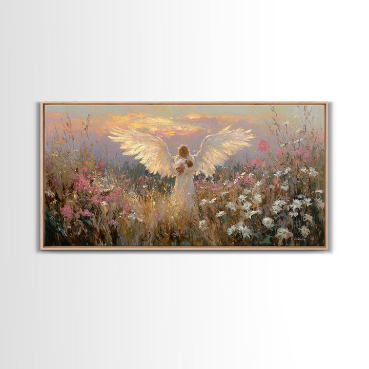 Glowing Guardian Angel Holding Baby At Sunset Canvas Print, Spiritual Wall Art, Wildflower Meadow Decor, Christian Gift Idea