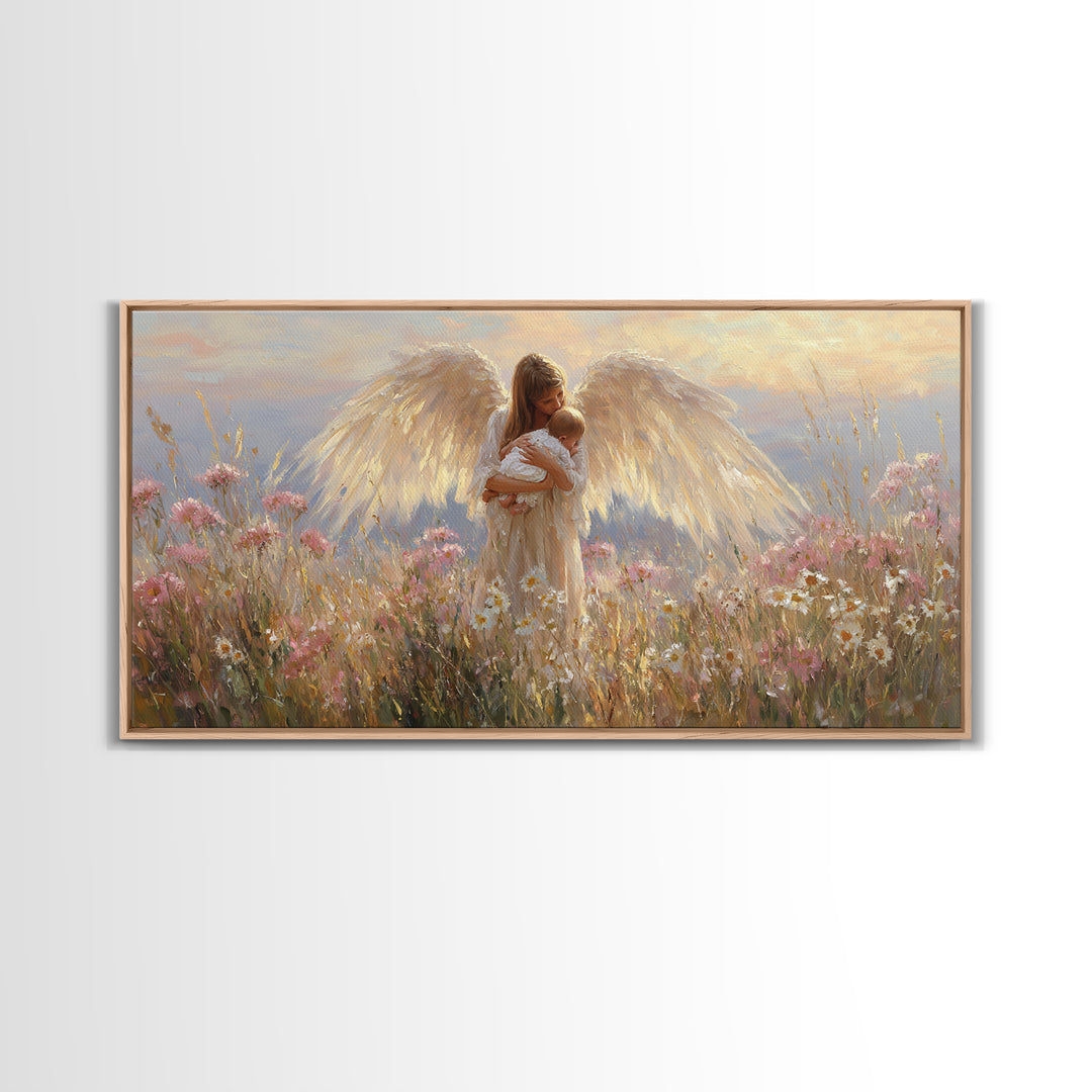 Radiant Angel Cradling Infant In Wildflower Field Canvas Print, Christian Wall Art, Spiritual Nursery Decor, Baby Shower Gift