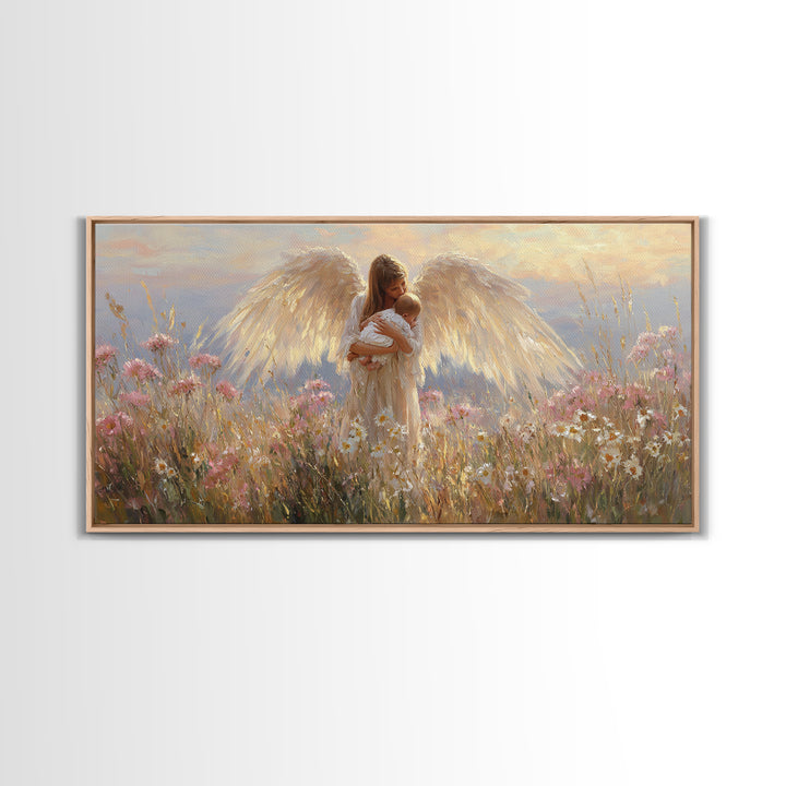 Radiant Angel Cradling Infant In Wildflower Field Canvas Print, Christian Wall Art, Spiritual Nursery Decor, Baby Shower Gift