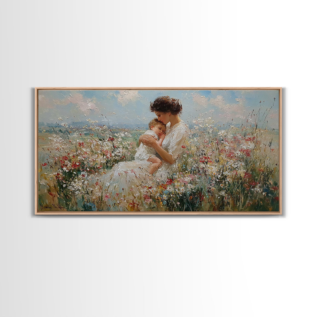 Seated Mother Holding Sleeping Child In Flower Field Canvas Print, Impressionist Wall Art, Nursery Decor, Housewarming Gift