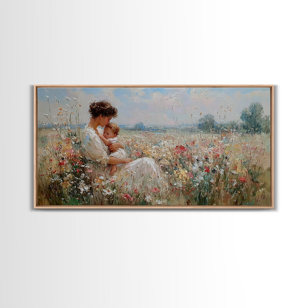 Mother And Baby Resting In Wildflower Meadow Framed Canvas Print, Impressionist Wall Art, Floral Nursery Decor, Gift For Her