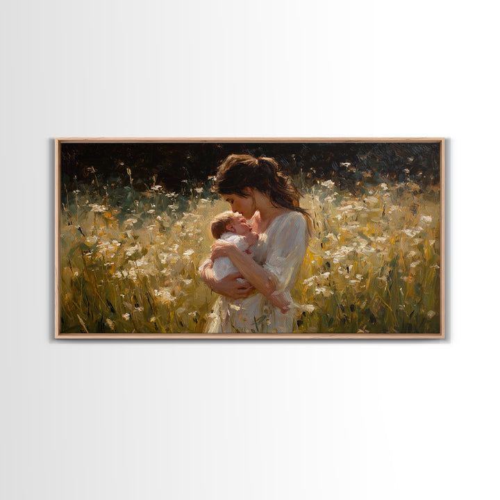 Tender Mother And Baby In White Wildflower Meadow Canvas Print, Impressionist Nursery Wall Art, Gift For Mom, Bedroom Decor