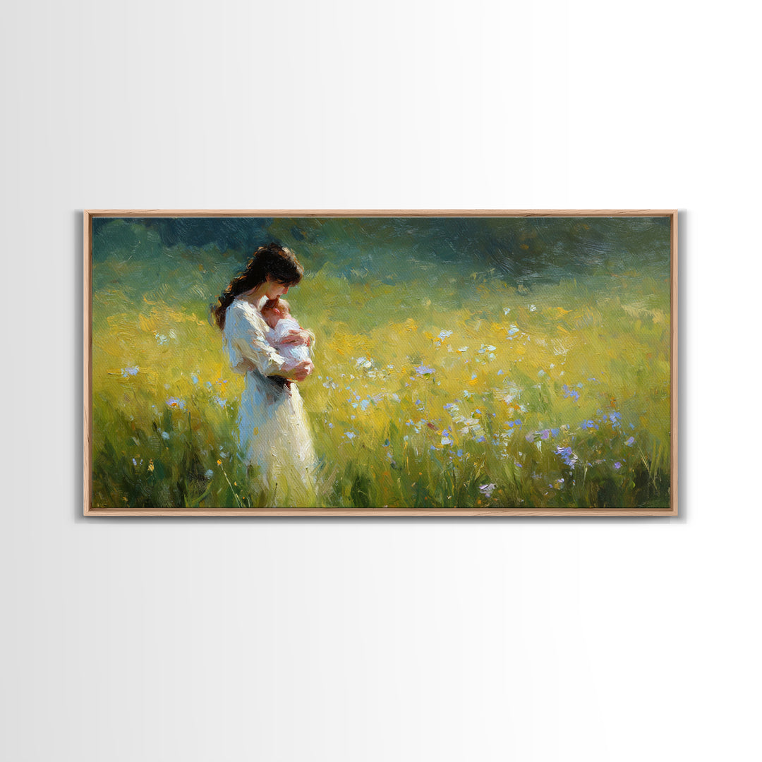 Mother Holding Newborn In Sunny Wildflower Field Framed Canvas Print, Impressionist Wall Art, Nursery Decor, Gift For Mom