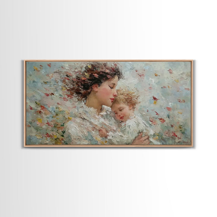 Windblown Mother And Sleeping Child With Petals Canvas Print, Feminine Wall Art, Impressionist Nursery Decor, Gift For Her