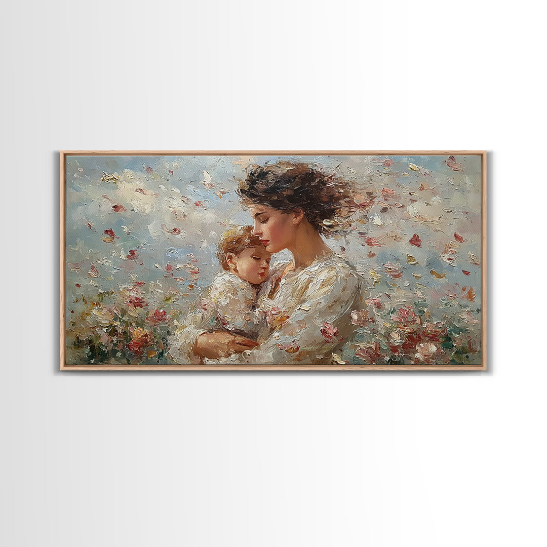 Mother Embracing Child In Blossoming Garden Wall Art, Impressionist Framed Canvas Print, Romantic Floral Decor, Gift For Mom