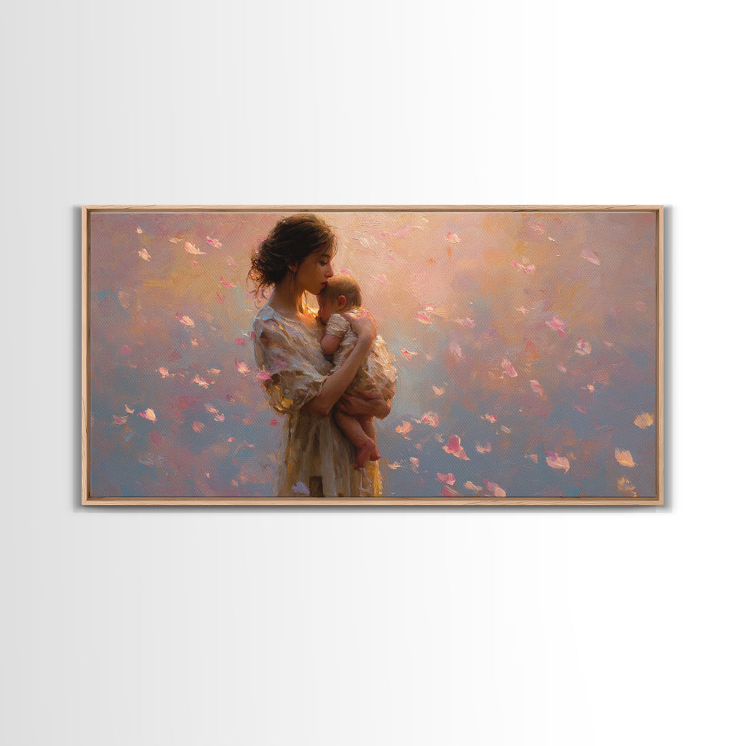 Soft Pink Mother And Baby At Sunset Canvas Print, Romantic Nursery Wall Art, Feminine Bedroom Decor, Beautiful Gift For New Mom