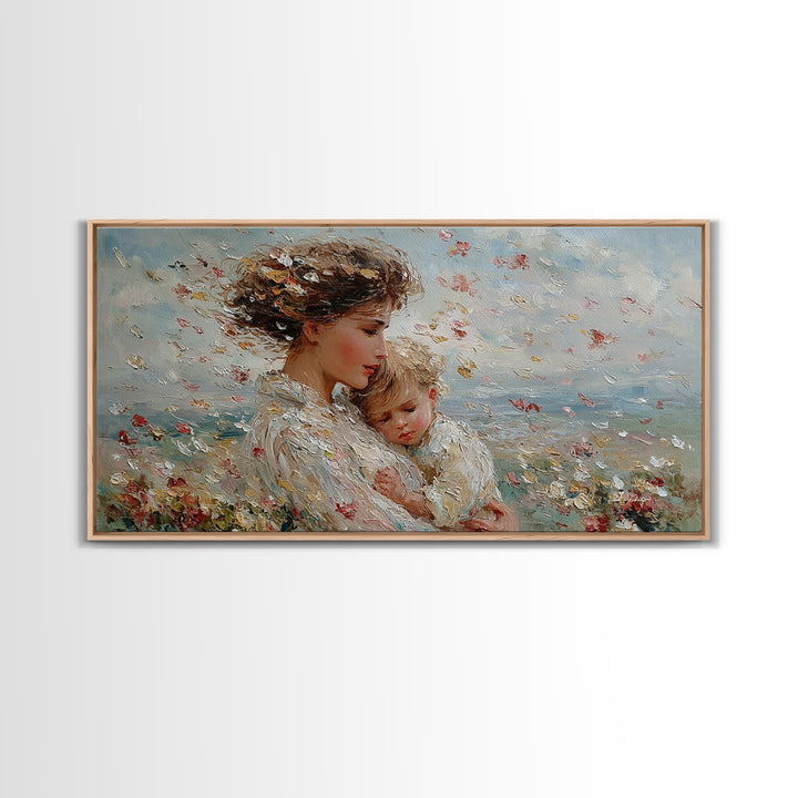 Windy Meadow Mother And Child With Falling Petals Wall Art, Impressionist Canvas Print, Floral Nursery Decor, Gift For Mom