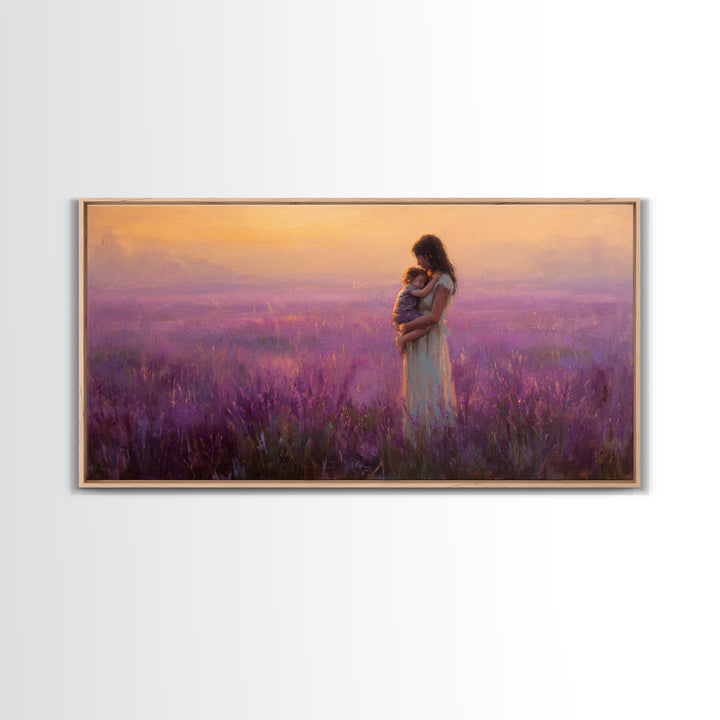 Mother And Child In Lavender Field At Sunset Canvas Print, Purple Landscape Wall Art, Romantic Bedroom Decor, Gift For Mom