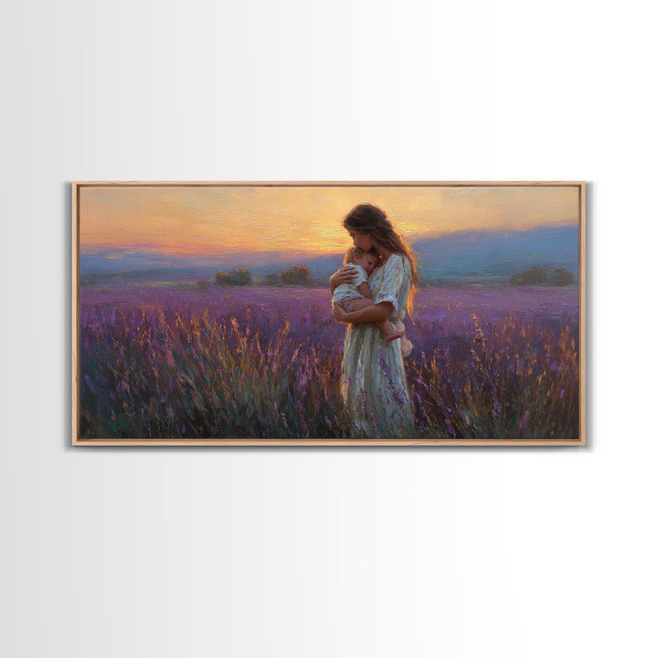 Mother Cradling Child In Lavender Sunset Field Canvas Print, Romantic Wall Art, Impressionist Bedroom Decor, Gift For Her