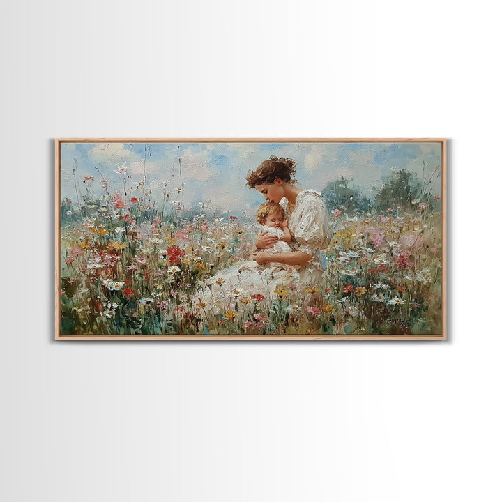 Mother And Baby In Wildflower Meadow Canvas Print, Impressionist Floral Nursery Wall Art, Gift For Mom, Motherhood Decor