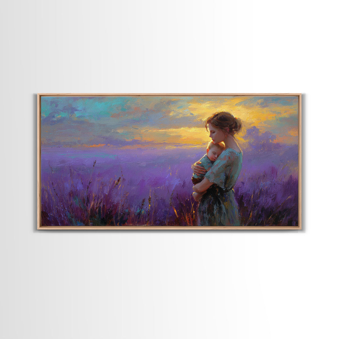 Mother Holding Baby In Lavender Sunset Canvas Print, Purple Field Wall Art, Motherhood Gift, Calming Nursery Bedroom Decor