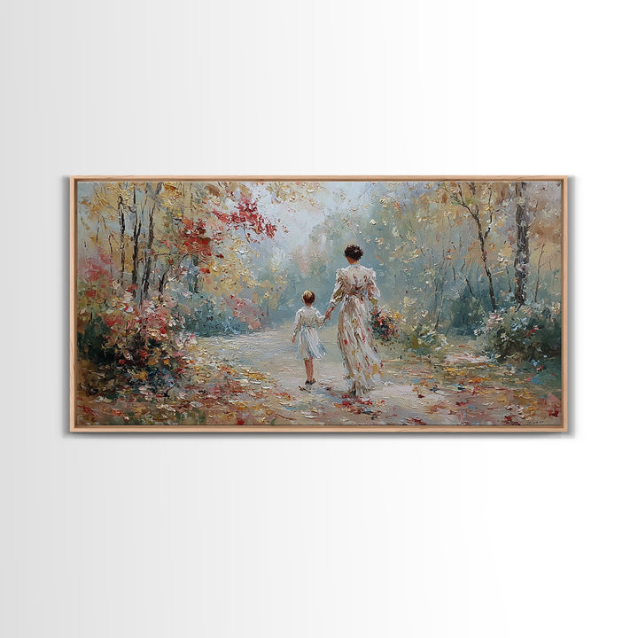 Mother And Child Walking Floral Woodland Path Wall Art, Impressionist Autumn Canvas Print, Family Gift, Living Room Decor