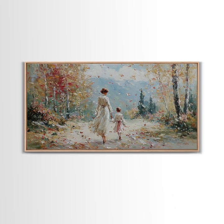 Mother And Child On Blossom Mountain Path Canvas Print, Impressionist Landscape Wall Art, Neutral Nursery Living Room Decor