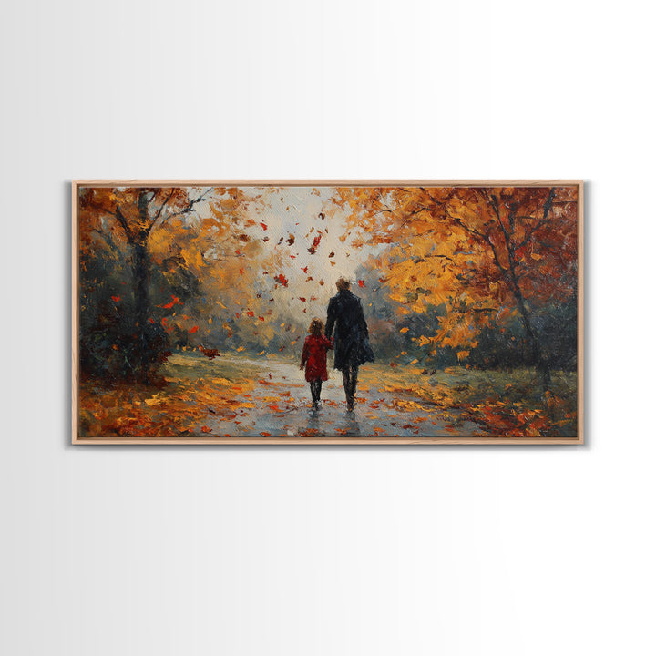 Father And Child In Orange Autumn Forest Wall Art, Impressionist Fall Canvas Print, Family Gift, Cozy Living Room Home Decor