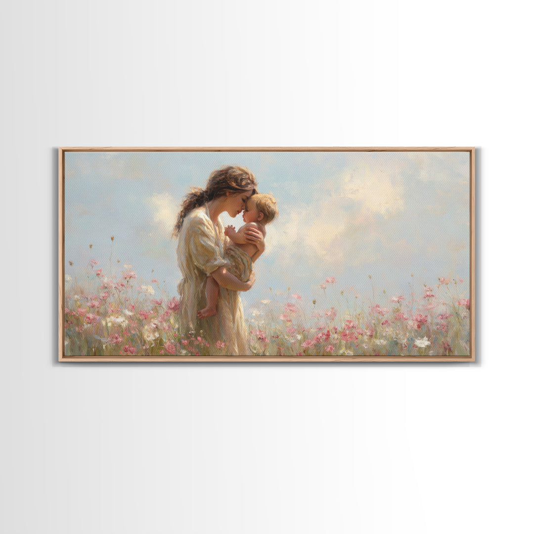 Mother Kissing Baby In Pastel Wildflower Meadow Canvas Print, Impressionist Nursery Wall Art, Motherhood Gift, Bedroom Decor