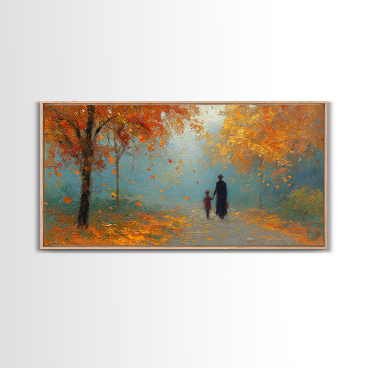 Father And Child Walking Orange Autumn Path Framed Canvas Print, Fall Forest Wall Art, Family Gift, Cozy Living Room Decor