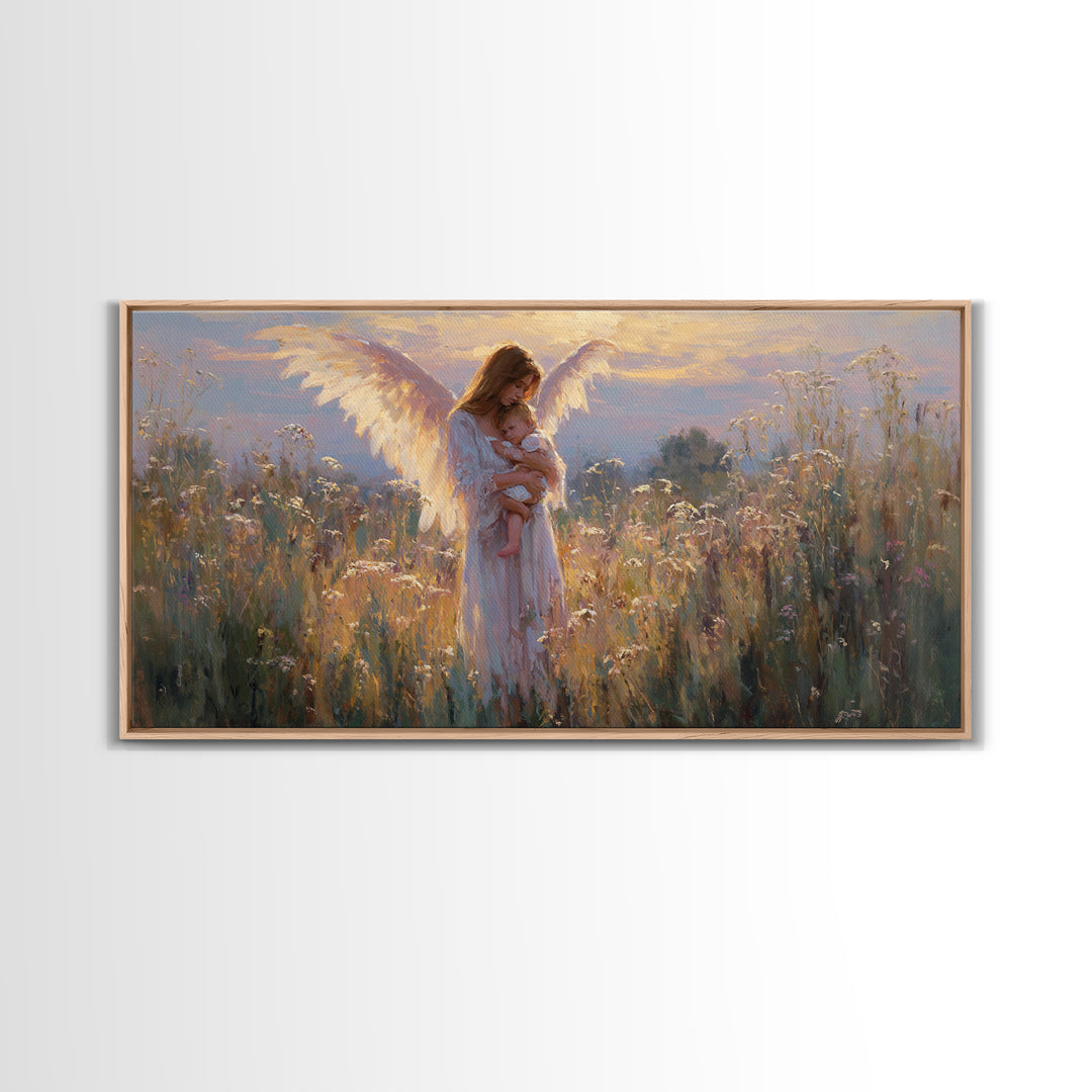Guardian Angel Mother And Baby In Golden Wildflower Meadow Wall Art, Christian Nursery Decor, Motherhood Gift, Fine Art Print
