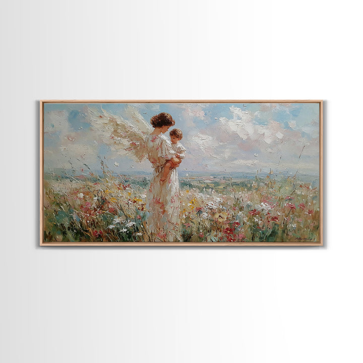 Angel Mother Holding Baby In Breezy Flower Field Canvas Print, Christian Wall Decor, Nursery Art, Mothers Day Gift For Her