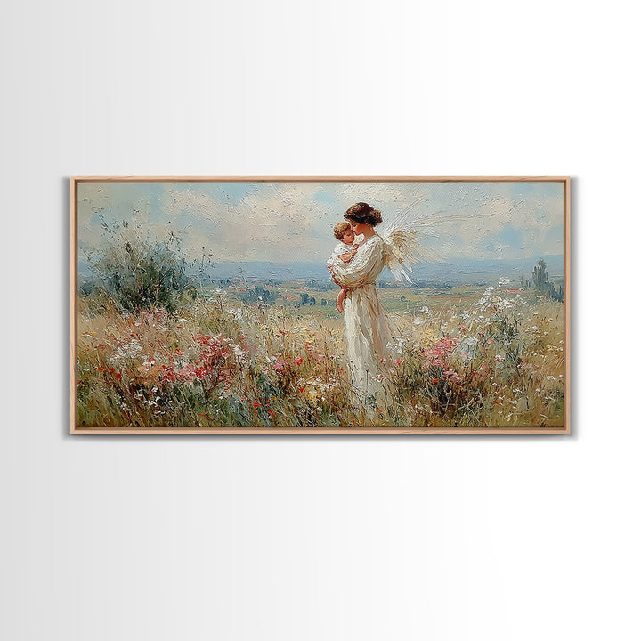 White Angel Mother And Child In Sunlit Wildflower Field Wall Art, Christian Home Decor, Serene Nursery Art Print Gift For Her