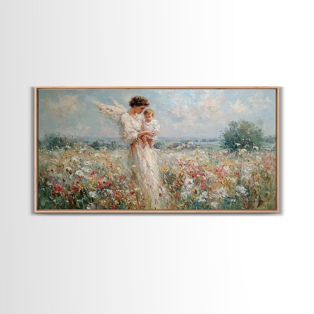 Impressionist Angel Mother With Baby In Daisy Meadow Framed Canvas Print, Christian Nursery Decor, Motherhood Wall Art Gift
