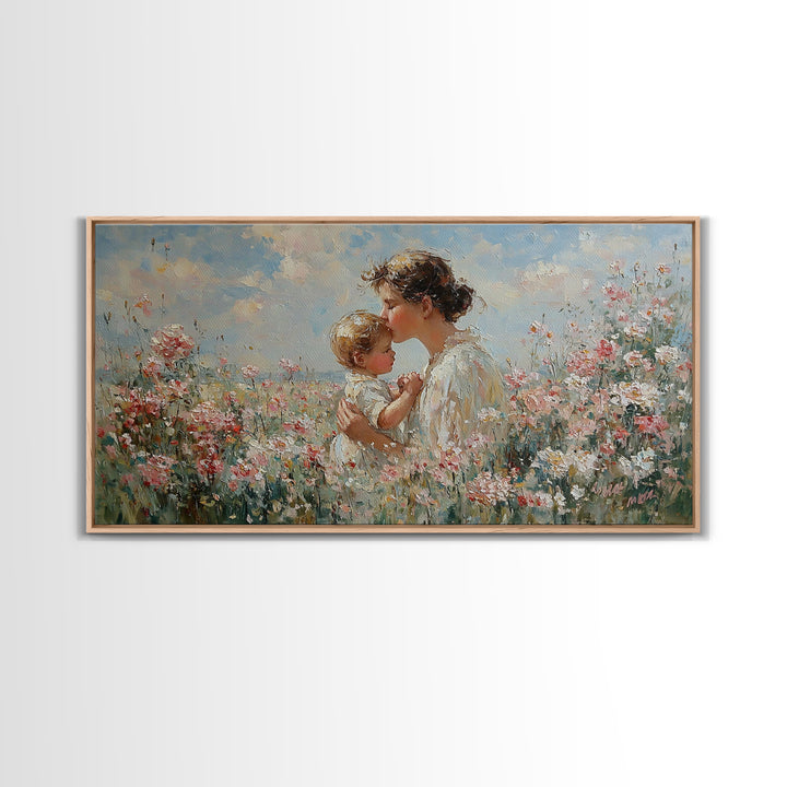 Mother Kissing Baby In Pink Wildflower Garden Wall Art, Impressionist Nursery Decor, Motherhood Gift, Feminine Art Print