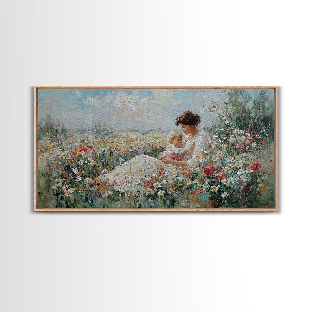 Mother And Baby In Wildflower Meadow Wall Art, Impressionist Floral Landscape, Fine Art Print, Motherhood Gift Home Decor