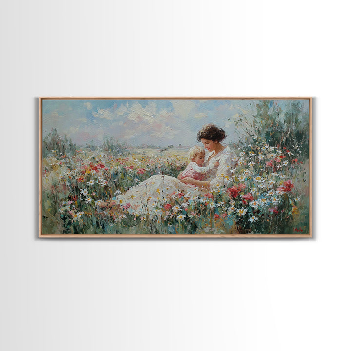 Mother And Baby In Wildflower Meadow Wall Art, Impressionist Floral Landscape, Fine Art Print, Motherhood Gift Home Decor