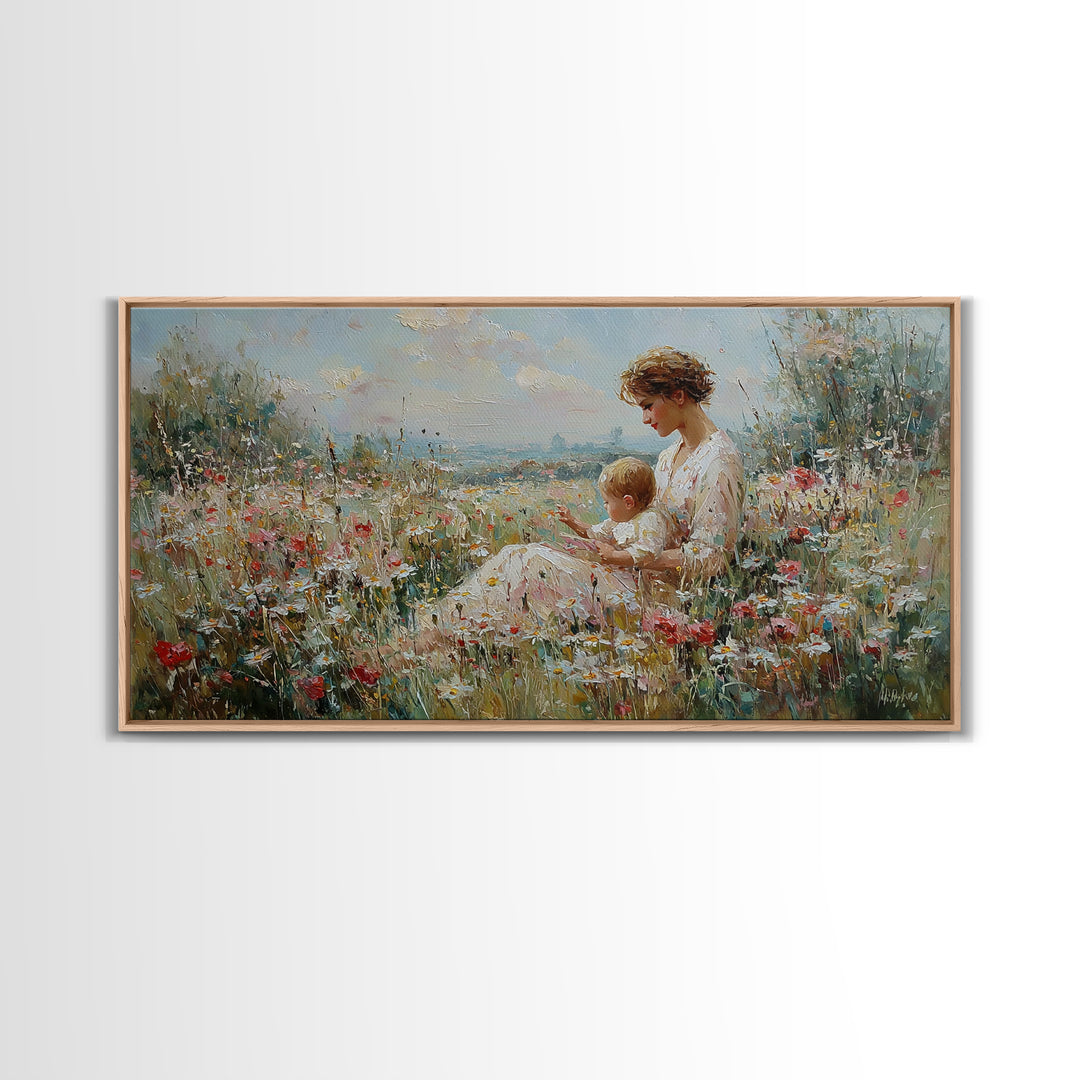 Seaside Wildflower Mother And Child Canvas Print, Impressionist Meadow Landscape, Mother's Day Gift, Living Room Home Decor