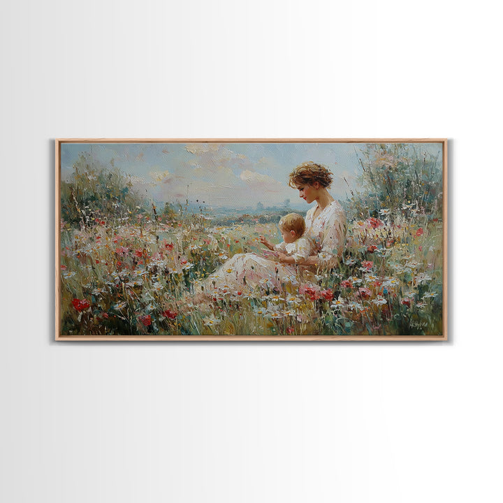 Seaside Wildflower Mother And Child Canvas Print, Impressionist Meadow Landscape, Mother's Day Gift, Living Room Home Decor