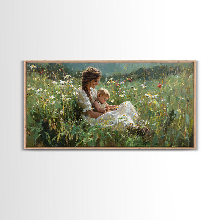 Sunlit Mother And Baby In Daisy Meadow Framed Canvas Print, Impressionist Floral Landscape, Gift For Her, Nursery Wall Decor