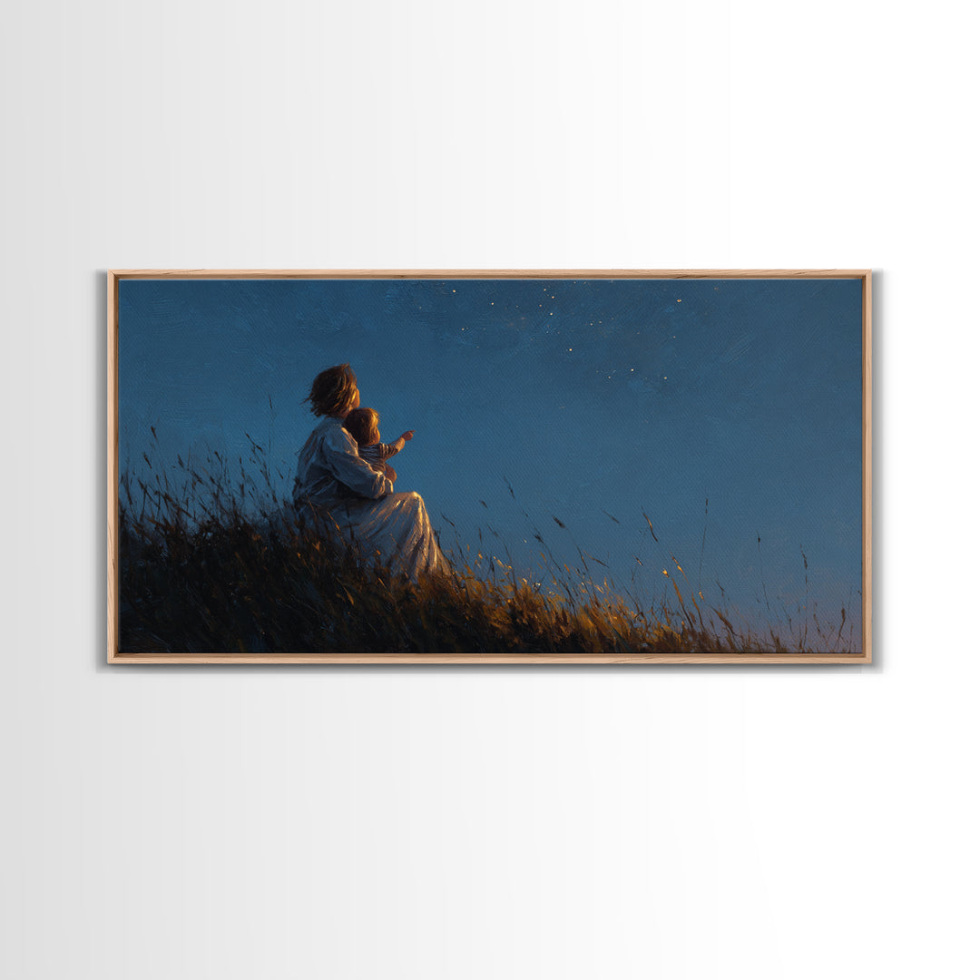 Mother And Child Stargazing On Moonlit Hill Wall Art, Calming Moody Celestial Landscape, Romantic Bedroom Decor, Gift For Her