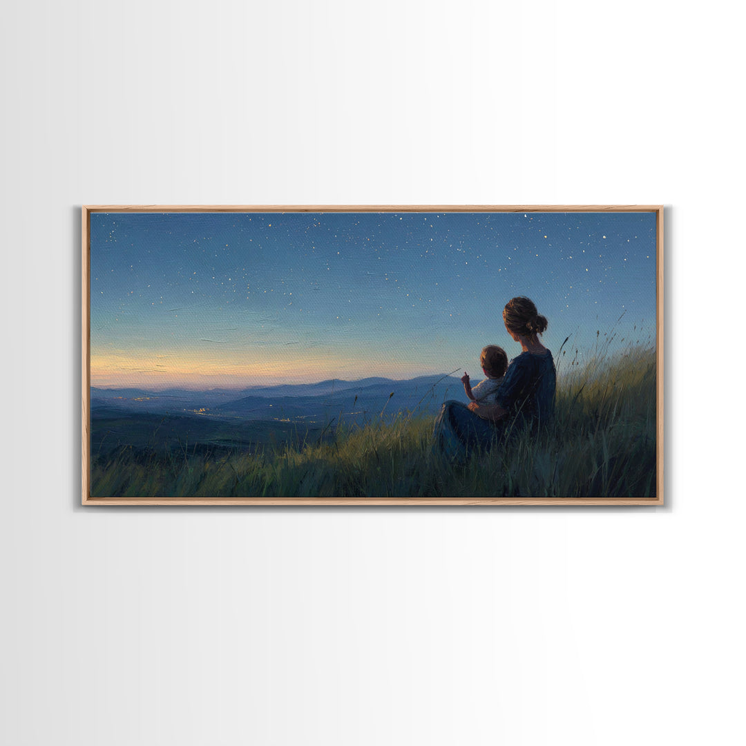 Mother And Child Under Starry Mountain Sky Canvas Print, Celestial Landscape, Blue Bedroom Art, Above Bed Decor, Gift For Her