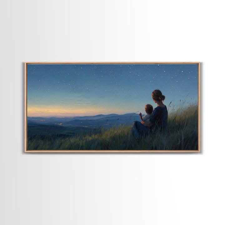 Mother And Child Under Starry Mountain Sky Canvas Print, Celestial Landscape, Blue Bedroom Art, Above Bed Decor, Gift For Her
