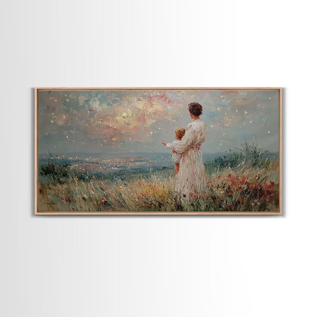 Mother Holding Baby At Sunset Meadow Framed Canvas Print, Romantic Floral Landscape, Fine Art Print, Nursery Wall Decor, Gift For Her