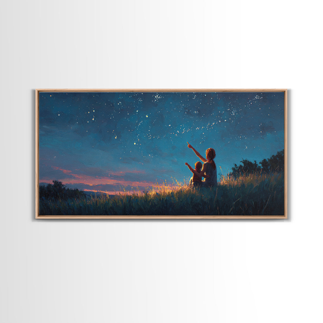 Mother And Child Pointing At Twilight Stars Canvas Print, Celestial Landscape, Blue Wall Art, Modern Bedroom Decor, Gift