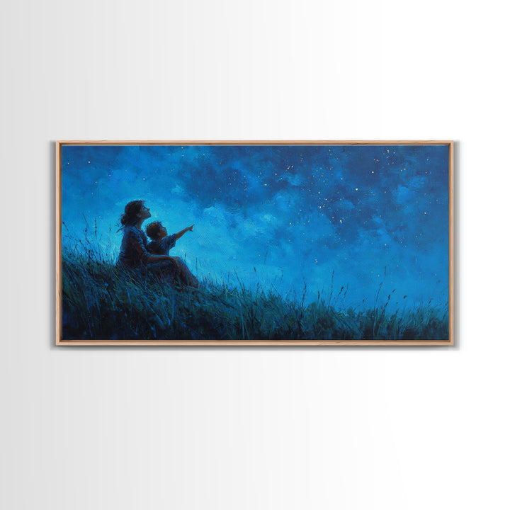 Mother And Child Beneath Deep Blue Starry Sky Wall Art, Celestial Landscape, Calming Bedroom Decor, Above Bed Print, Gift For Her
