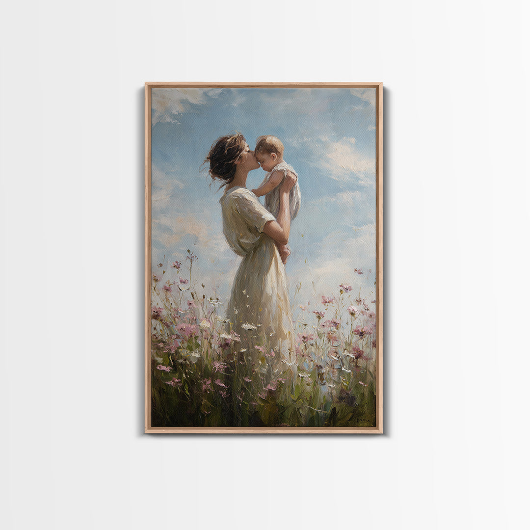 Mother Holding Baby In Wildflower Meadow Framed Canvas Print, Soft Sky Nursery Wall Art, Mothers Day Gift, Fine Art Print