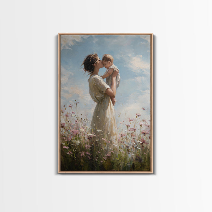 Mother Holding Baby In Wildflower Meadow Framed Canvas Print, Soft Sky Nursery Wall Art, Mothers Day Gift, Fine Art Print
