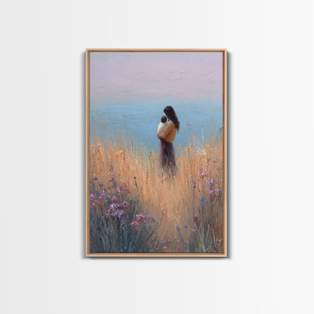 Mother And Baby By Ocean Grass Canvas Print, Pastel Coastal Wall Art, Peaceful Nursery Decor, Gift For Her, Minimalist Art