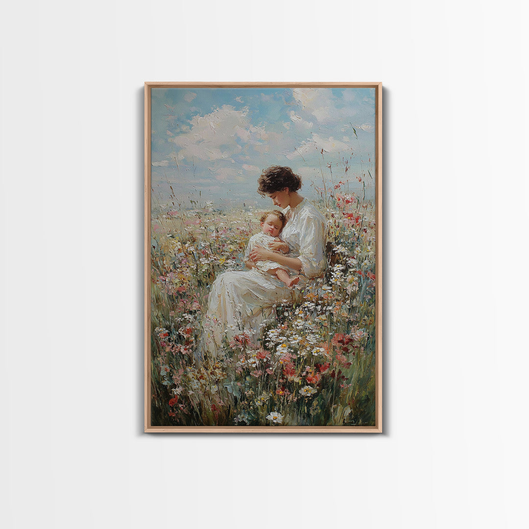 Seated Mother And Baby In Wildflowers Framed Canvas Print, Soft Floral Wall Art, Nursery Decor, Mothers Day Gift For Her